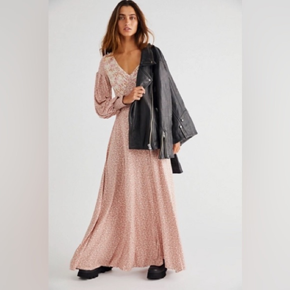 Free People Love Story Maxi Dress Pink Tea Combo Size SMALL Open Back Romantic